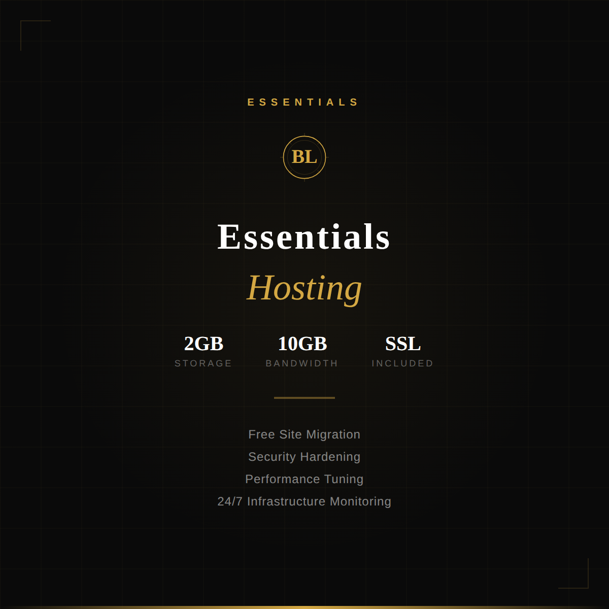 Black Label Hosting Essentials plan dashboard showing Plesk control panel