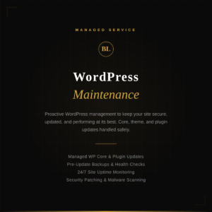 Managed WordPress maintenance dashboard showing website backup and security features