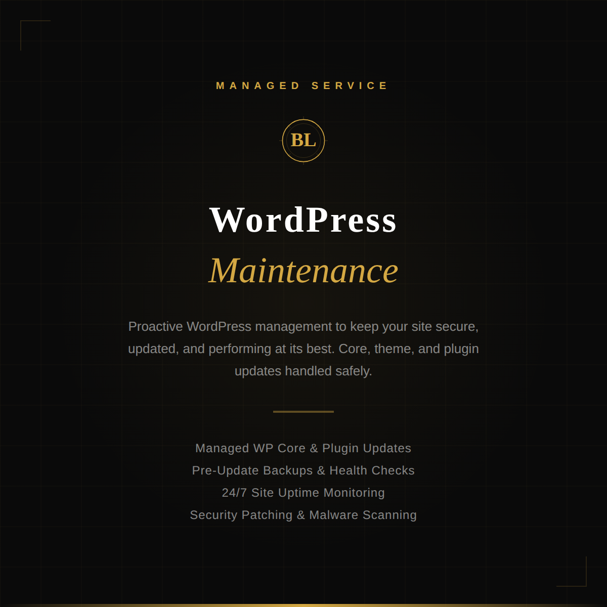 Managed WordPress maintenance dashboard showing website backup and security features