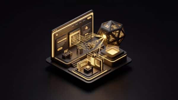 "AI is making cyber attacks smarter. Here’s what that means for your website". No text, no labels, no annotations. Premium, modern aesthetic like an Apple keynote illustration. Overarching colour scheme of dark black (#0A0A0A) background with gold (#D4A843) accent lighting.