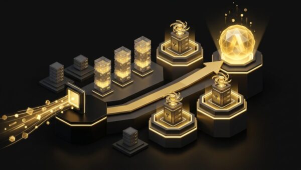"Amazon AWS Instance Selection for Performance". No text, no labels, no annotations. Premium, modern aesthetic like an Apple keynote illustration. Overarching colour scheme of dark black (#0A0A0A) background with gold (#D4A843) accent lighting.