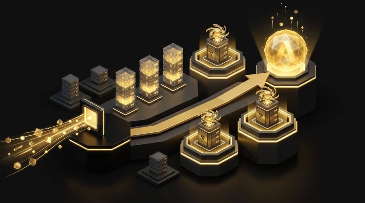 "Amazon AWS Instance Selection for Performance". No text, no labels, no annotations. Premium, modern aesthetic like an Apple keynote illustration. Overarching colour scheme of dark black (#0A0A0A) background with gold (#D4A843) accent lighting.