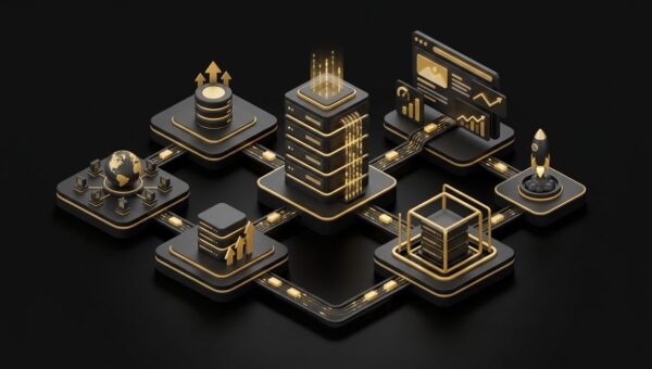 "Benefits of Fully Managed Web Hosting to Site Performance". No text, no labels, no annotations. Premium, modern aesthetic like an Apple keynote illustration. Overarching colour scheme of dark black (#0A0A0A) background with gold (#D4A843) accent lighting.