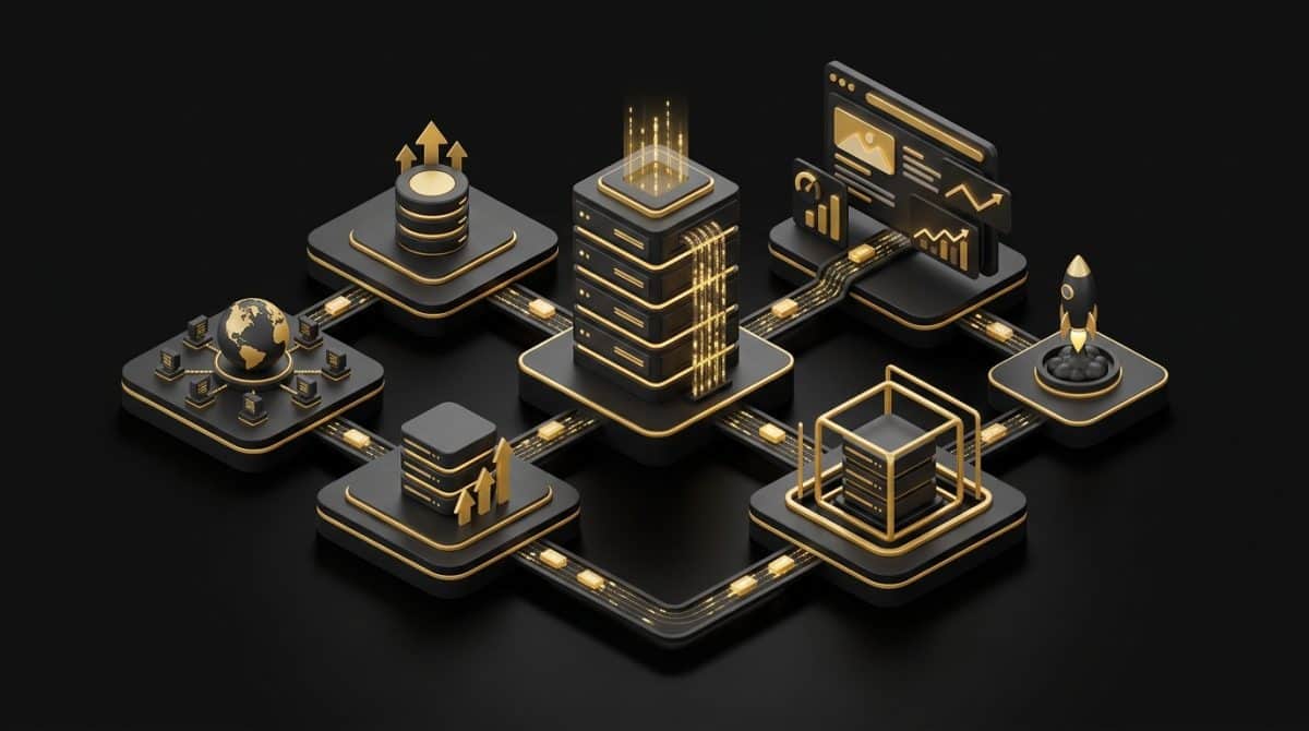 "Benefits of Fully Managed Web Hosting to Site Performance". No text, no labels, no annotations. Premium, modern aesthetic like an Apple keynote illustration. Overarching colour scheme of dark black (#0A0A0A) background with gold (#D4A843) accent lighting.
