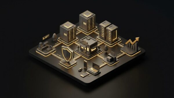 "Choosing the Best Domain Host for Your Small Business". No text, no labels, no annotations. Premium, modern aesthetic like an Apple keynote illustration. Overarching colour scheme of dark black (#0A0A0A) background with gold (#D4A843) accent lighting.