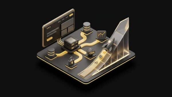 "Elevating Your Startup Website with Top-Notch Web Hosting Inclusions". No text, no labels, no annotations. Premium, modern aesthetic like an Apple keynote illustration. Overarching colour scheme of dark black (#0A0A0A) background with gold (#D4A843) accent lighting.