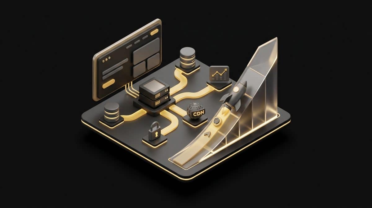 "Elevating Your Startup Website with Top-Notch Web Hosting Inclusions". No text, no labels, no annotations. Premium, modern aesthetic like an Apple keynote illustration. Overarching colour scheme of dark black (#0A0A0A) background with gold (#D4A843) accent lighting.