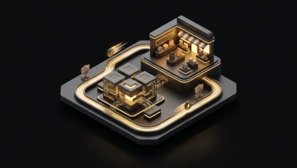 "Empowering Digital Ventures: Unveiling the Power of Managed WordPress Hosting for E-Commerce". No text, no labels, no annotations. Premium, modern aesthetic like an Apple keynote illustration. Overarching colour scheme of dark black (#0A0A0A) background with gold (#D4A843) accent lighting.