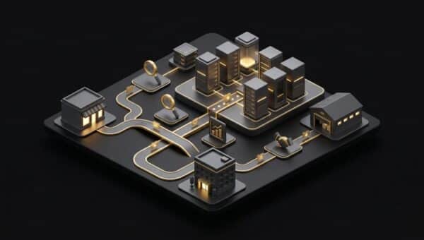 "Finding the Best Web Hosting Company for Your Small Business". No text, no labels, no annotations. Premium, modern aesthetic like an Apple keynote illustration. Overarching colour scheme of dark black (#0A0A0A) background with gold (#D4A843) accent lighting.