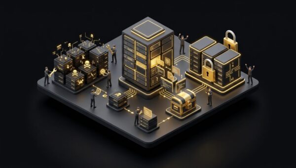 "How to Safely Restore a Hacked WordPress Site". No text, no labels, no annotations. Premium, modern aesthetic like an Apple keynote illustration. Overarching colour scheme of dark black (#0A0A0A) background with gold (#D4A843) accent lighting.