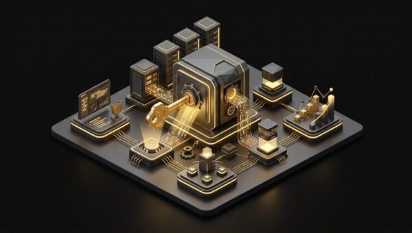 "How to Unlock the Power of Fully Managed VPS Server Hosting". No text, no labels, no annotations. Premium, modern aesthetic like an Apple keynote illustration. Overarching colour scheme of dark black (#0A0A0A) background with gold (#D4A843) accent lighting.