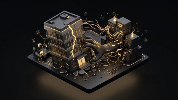 "How Web Hosting Is Killing Digital Agencies". No text, no labels, no annotations. Premium, modern aesthetic like an Apple keynote illustration. Overarching colour scheme of dark black (#0A0A0A) background with gold (#D4A843) accent lighting.