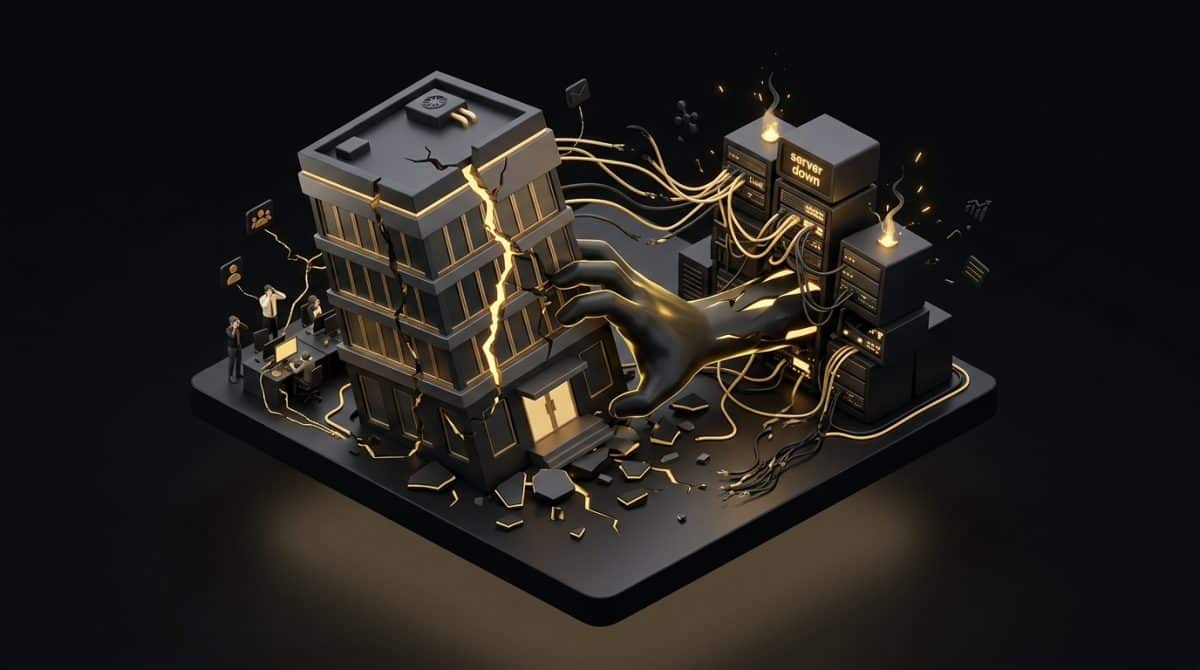 "How Web Hosting Is Killing Digital Agencies". No text, no labels, no annotations. Premium, modern aesthetic like an Apple keynote illustration. Overarching colour scheme of dark black (#0A0A0A) background with gold (#D4A843) accent lighting.