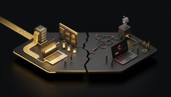 "How Website Speed Can Make Or Break Client Campaigns". No text, no labels, no annotations. Premium, modern aesthetic like an Apple keynote illustration. Overarching colour scheme of dark black (#0A0A0A) background with gold (#D4A843) accent lighting.
