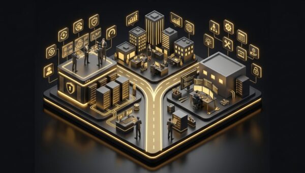 "Managed vs Unmanaged Hosting: Which One Actually Fits Your Business?". No text, no labels, no annotations. Premium, modern aesthetic like an Apple keynote illustration. Overarching colour scheme of dark black (#0A0A0A) background with gold (#D4A843) accent lighting.