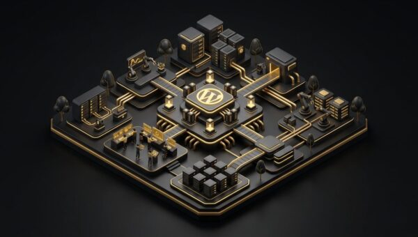 "Managed WordPress Hosting: Everything You Need to Know". No text, no labels, no annotations. Premium, modern aesthetic like an Apple keynote illustration. Overarching colour scheme of dark black (#0A0A0A) background with gold (#D4A843) accent lighting.