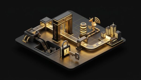 "Prevent Emails from going to SPAM, with DKIM, DMARC and SPF". No text, no labels, no annotations. Premium, modern aesthetic like an Apple keynote illustration. Overarching colour scheme of dark black (#0A0A0A) background with gold (#D4A843) accent lighting.