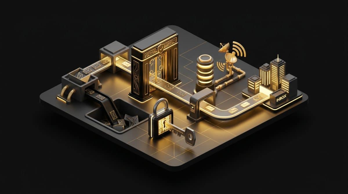 "Prevent Emails from going to SPAM, with DKIM, DMARC and SPF". No text, no labels, no annotations. Premium, modern aesthetic like an Apple keynote illustration. Overarching colour scheme of dark black (#0A0A0A) background with gold (#D4A843) accent lighting.