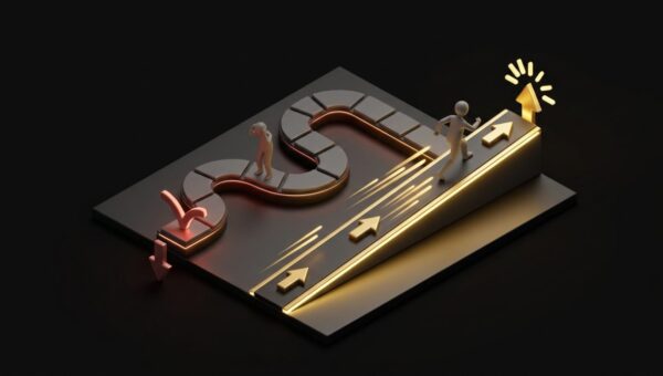 "Speed: The Difference Between Bounce & Conversion". No text, no labels, no annotations. Premium, modern aesthetic like an Apple keynote illustration. Overarching colour scheme of dark black (#0A0A0A) background with gold (#D4A843) accent lighting.