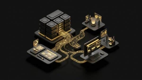 "The Role of Hosting in Website Speed and User Experience for Digital Agencies". No text, no labels, no annotations. Premium, modern aesthetic like an Apple keynote illustration. Overarching colour scheme of dark black (#0A0A0A) background with gold (#D4A843) accent lighting.