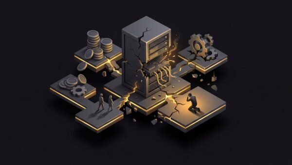 "The true cost of cheap hosting: when $2.95/month becomes your most expensive mistake". No text, no labels, no annotations. Premium, modern aesthetic like an Apple keynote illustration. Overarching colour scheme of dark black (#0A0A0A) background with gold (#D4A843) accent lighting.