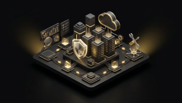 "Tips on Choosing a Fully Managed Web Hosting Provider". No text, no labels, no annotations. Premium, modern aesthetic like an Apple keynote illustration. Overarching colour scheme of dark black (#0A0A0A) background with gold (#D4A843) accent lighting.