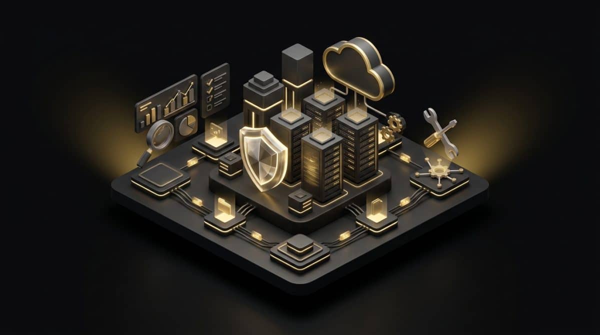 "Tips on Choosing a Fully Managed Web Hosting Provider". No text, no labels, no annotations. Premium, modern aesthetic like an Apple keynote illustration. Overarching colour scheme of dark black (#0A0A0A) background with gold (#D4A843) accent lighting.