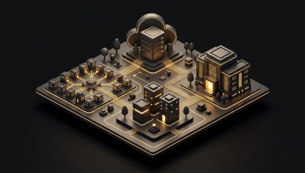 "Types of Web Hosting: Which One Is For You?". No text, no labels, no annotations. Premium, modern aesthetic like an Apple keynote illustration. Overarching colour scheme of dark black (#0A0A0A) background with gold (#D4A843) accent lighting.