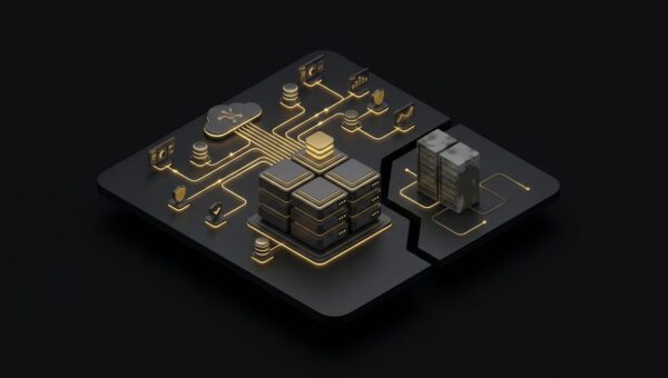 "What is fully managed hosting? (And why most providers are lying to you)". No text, no labels, no annotations. Premium, modern aesthetic like an Apple keynote illustration. Overarching colour scheme of dark black (#0A0A0A) background with gold (#D4A843) accent lighting.