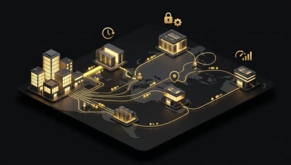 "Why Data Centre Locations Matter in Web Hosting for Agencies". No text, no labels, no annotations. Premium, modern aesthetic like an Apple keynote illustration. Overarching colour scheme of dark black (#0A0A0A) background with gold (#D4A843) accent lighting.