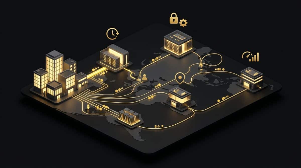 "Why Data Centre Locations Matter in Web Hosting for Agencies". No text, no labels, no annotations. Premium, modern aesthetic like an Apple keynote illustration. Overarching colour scheme of dark black (#0A0A0A) background with gold (#D4A843) accent lighting.