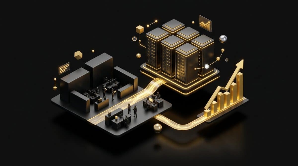 "Why Digital Agencies Should Outsource Hosting (The Maths Actually Works)". No text, no labels, no annotations. Premium, modern aesthetic like an Apple keynote illustration. Overarching colour scheme of dark black (#0A0A0A) background with gold (#D4A843) accent lighting.