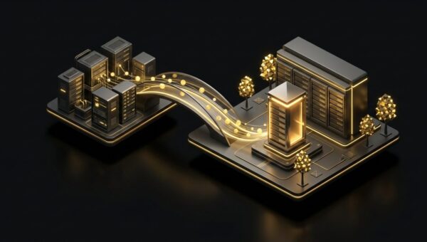 "Migrating a Client Site Without the 3am Panic Attack ". No text, no labels, no annotations. Premium, modern aesthetic like an Apple keynote illustration. Overarching colour scheme of dark black (#0A0A0A) background with gold (#D4A843) accent lighting.