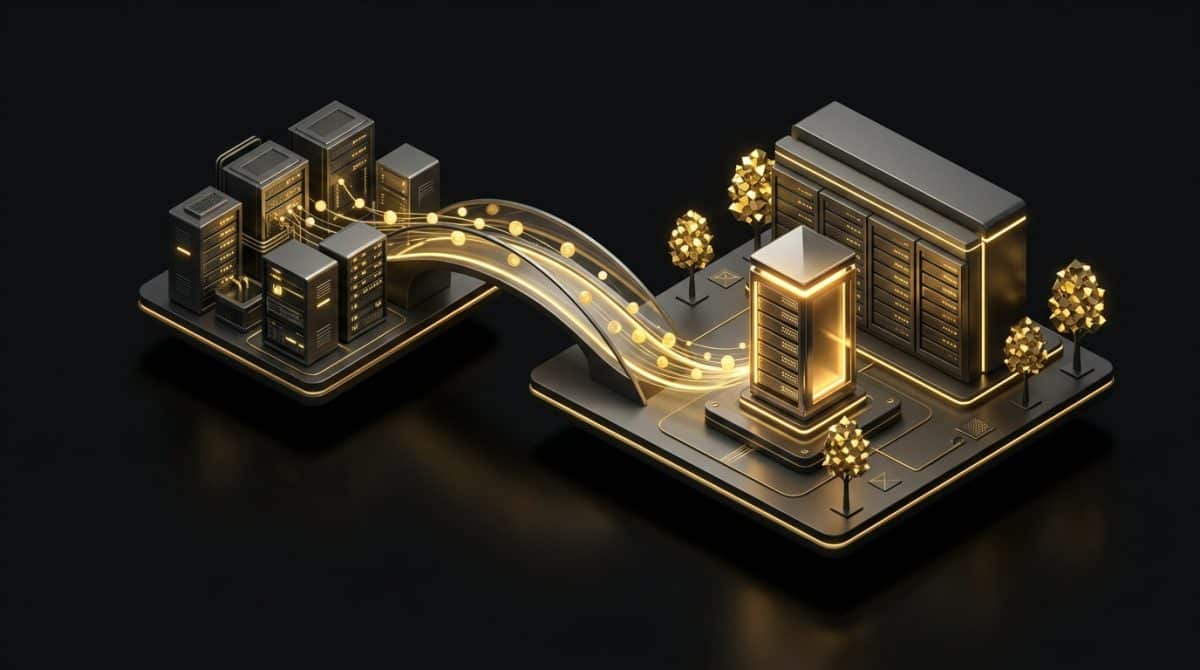 "Migrating a Client Site Without the 3am Panic Attack ". No text, no labels, no annotations. Premium, modern aesthetic like an Apple keynote illustration. Overarching colour scheme of dark black (#0A0A0A) background with gold (#D4A843) accent lighting.