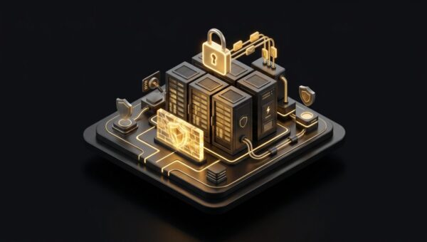 "SSL, Firewalls, and the Security Basics Your Host Should Handle Without Being Asked". No text, no labels, no annotations. Premium, modern aesthetic like an Apple keynote illustration. Overarching colour scheme of dark black (#0A0A0A) background with gold (#D4A843) accent lighting.