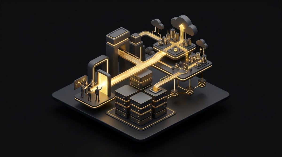 "What Agencies Actually Want From a Hosting Partner (And Rarely Get)". No text, no labels, no annotations. Premium, modern aesthetic like an Apple keynote illustration. Overarching colour scheme of dark black (#0A0A0A) background with gold (#D4A843) accent lighting.