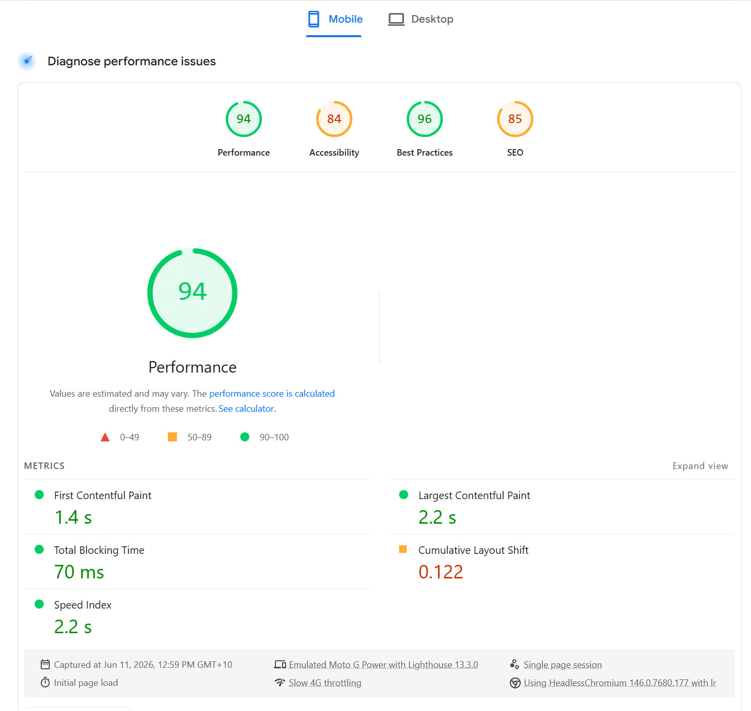 After · Mobile - LiteSpeed Cache + optimisation: Performance 94