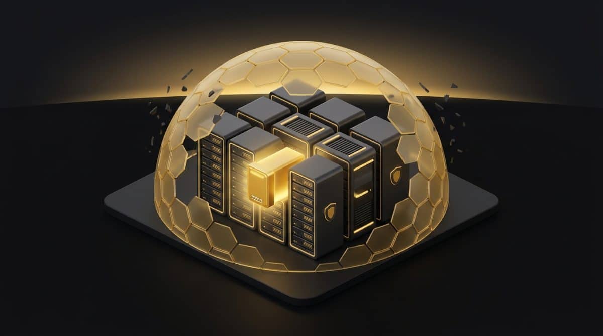 Isometric illustration of a server cluster protected by a gold shield while a glowing gold patch module is installed